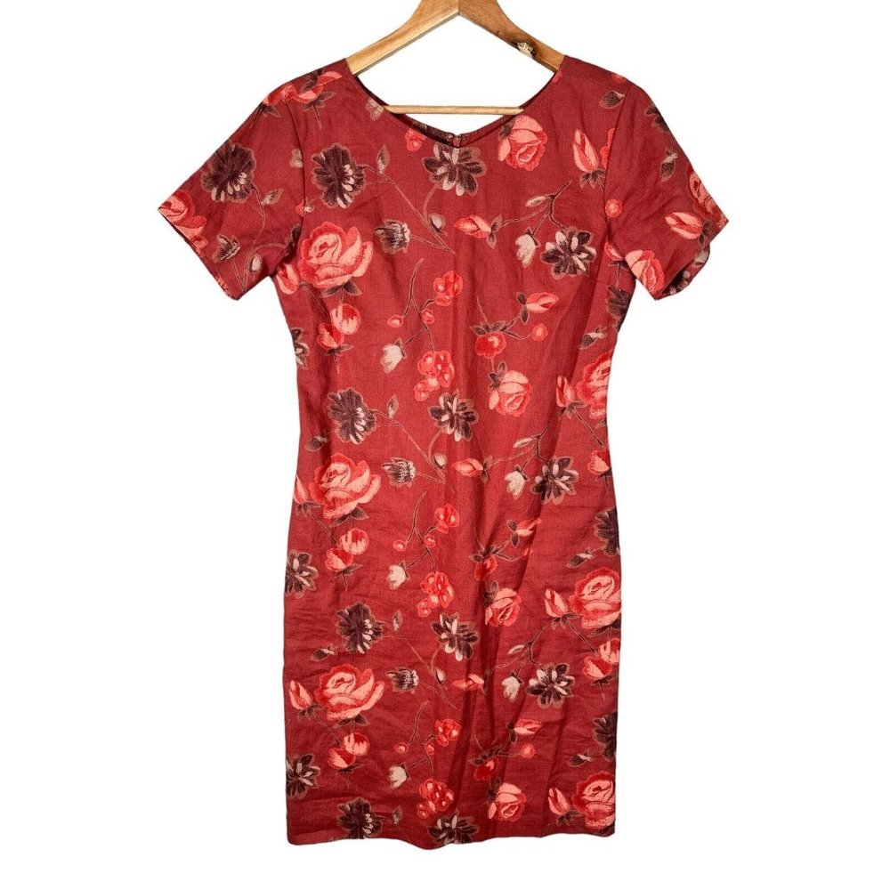 Vintage Coldwater Creek Dress 10 Linen Floral Women Zip Short Sleeve Rose Orange